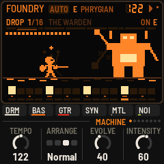 IND-1's screen: the drop, the wanderer facing the Warden, an iron giant with a furnace for a heart