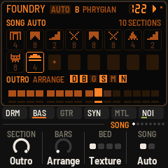 IND-1's screen: the song editor, ten sections as the quest's places, the chorus picked with its layers