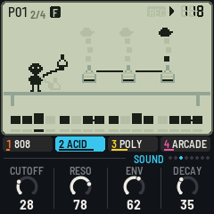 LCD-4's screen: the Acid sound, a lab whose flasks bubble on every note