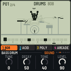 LCD-4's screen: the 808 kit, Pip the drummer at the kit, the bass drum's steps