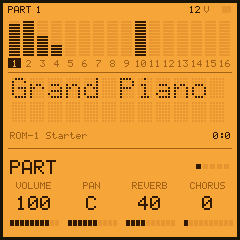 ROM-1's screen: the sixteen parts' levels, the preset's name in big dots, the part's volume, pan, reverb and chorus