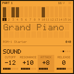 ROM-1's SOUND page: cutoff, resonance, attack and release