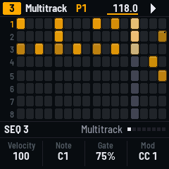 SEQ-4's grid in Multitrack mode: eight drum tracks
