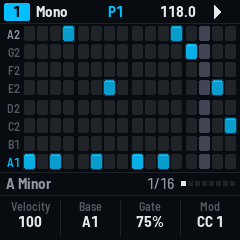 SEQ-4's grid: a bass line in A minor, a step on each row of the scale